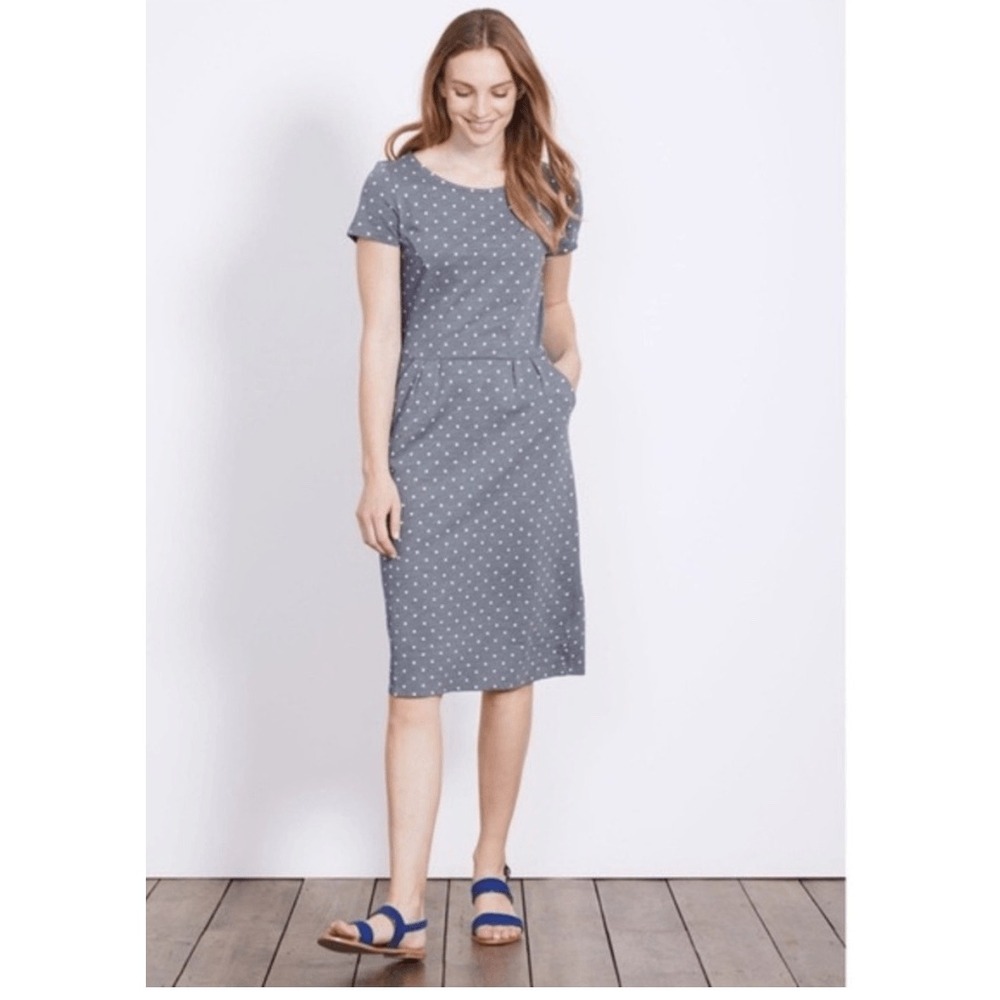 Boden Phoebe Jersey Dress Blue Gray Polka Dot Size 4‎ Long Pockets Casual Summer